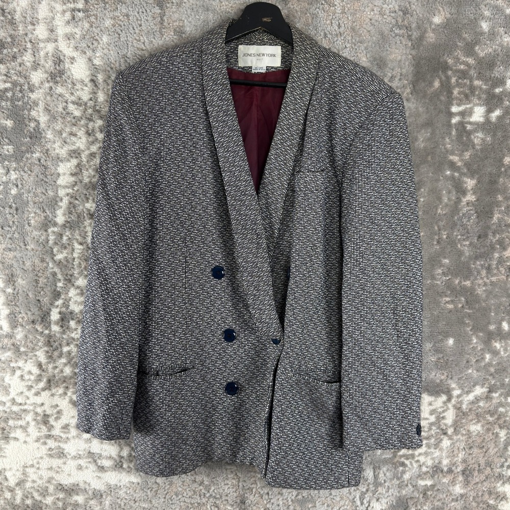 Jones New York Size 12 Vintage Textured Double Breasted Blazer Black/White L/S